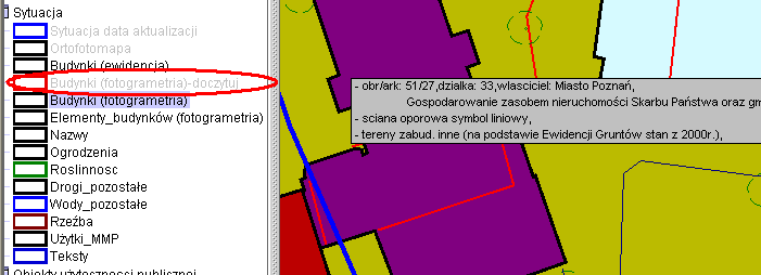 Dotychczasowa warstwa budynków na podstawie fotogrametrii jest dostępna w wyłączonej domyślnie warstwie Budynki (fotogrametria).