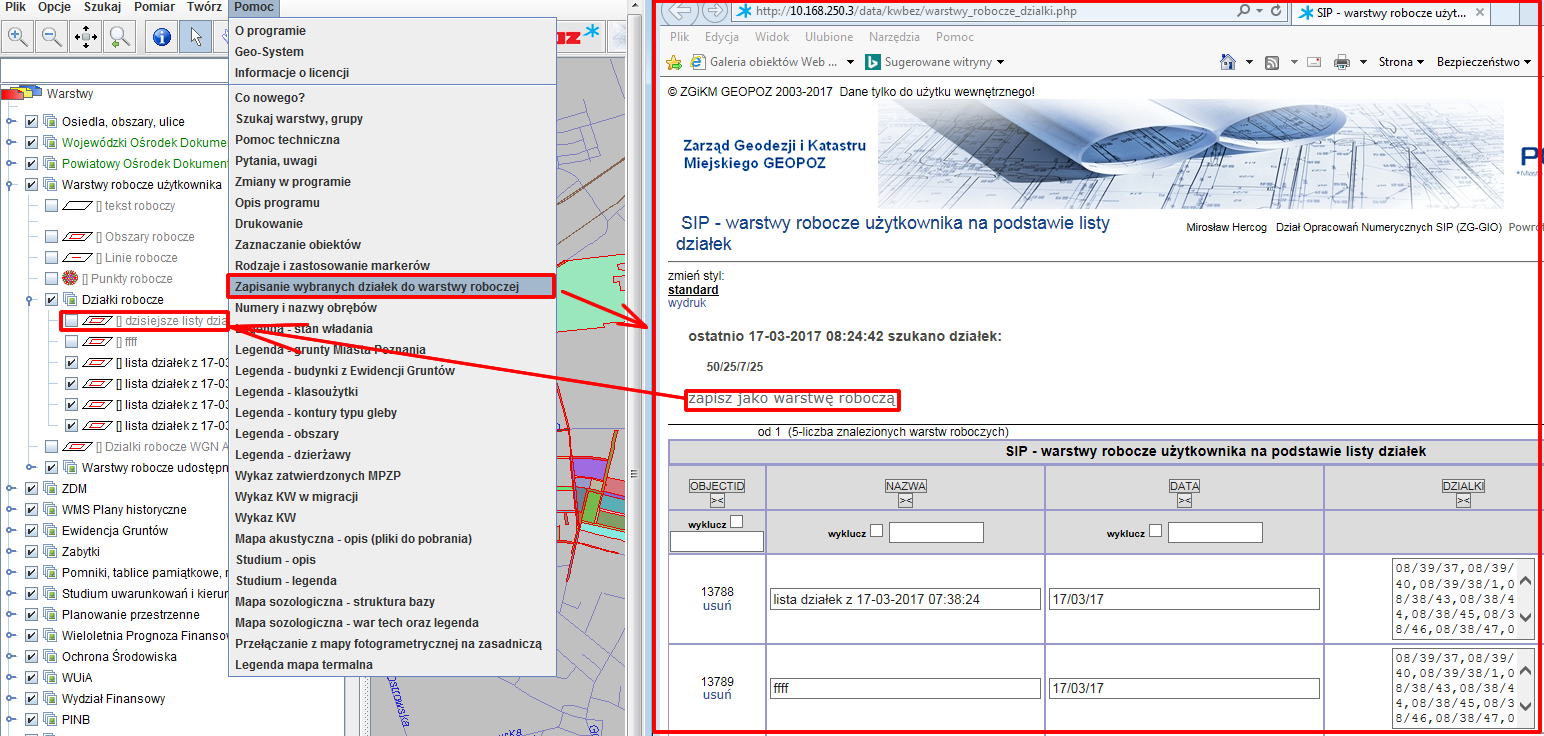 zapis do warstwy roboczej ostatnio wyszukanych działek