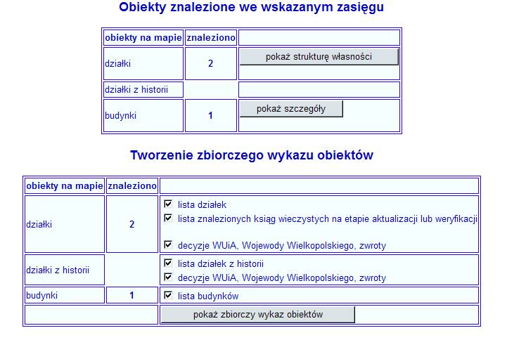 Wywoane raporty - lista dziaek i budynkw wewntrz markera.