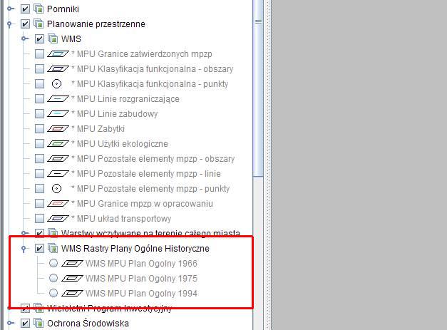 WMS Rastry Plany Ogólne Historyczne - umiejscowienie grupy warstw