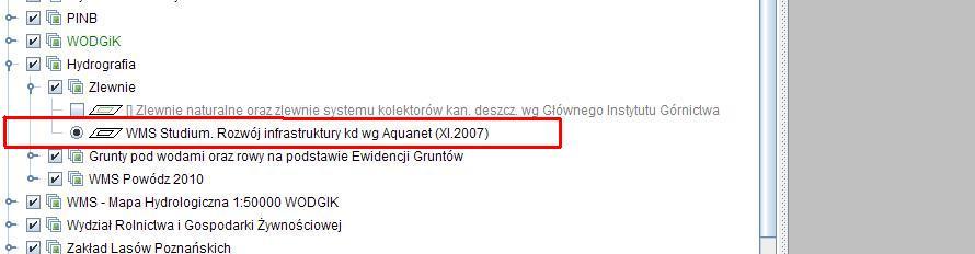 WMS Studium Rozwój infrastruktury kd wg Aquanet (XI.2007) - umiejscowienie warstwy
