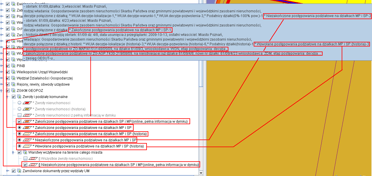 warstwy związane z podziałami komunalnymi i ich prezentacja w dymku