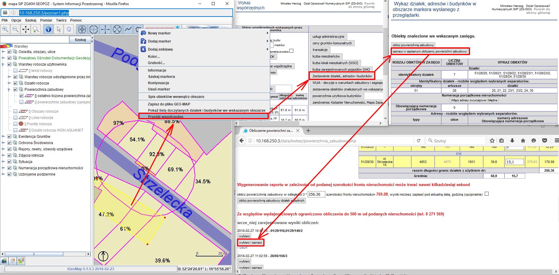 zaznaczenie działek markerem i przesłanie do obliczeń powierzchni zabudowy