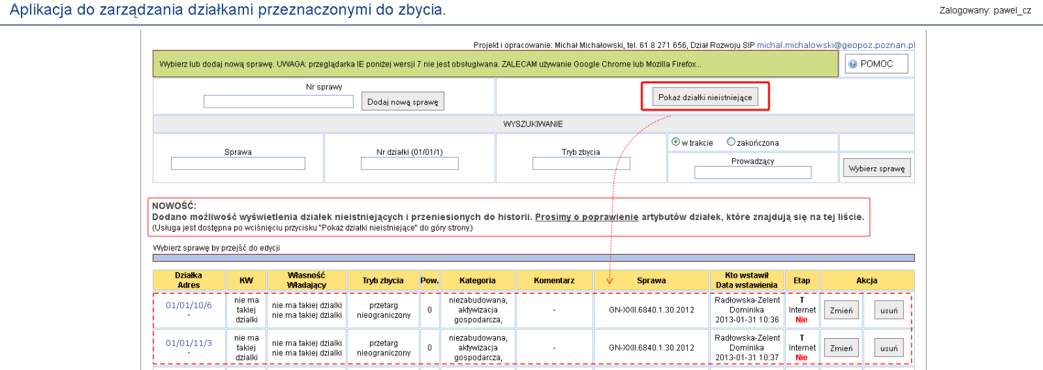 Przycisk wyświetlający działki nieistniejące i przeniesione do historii